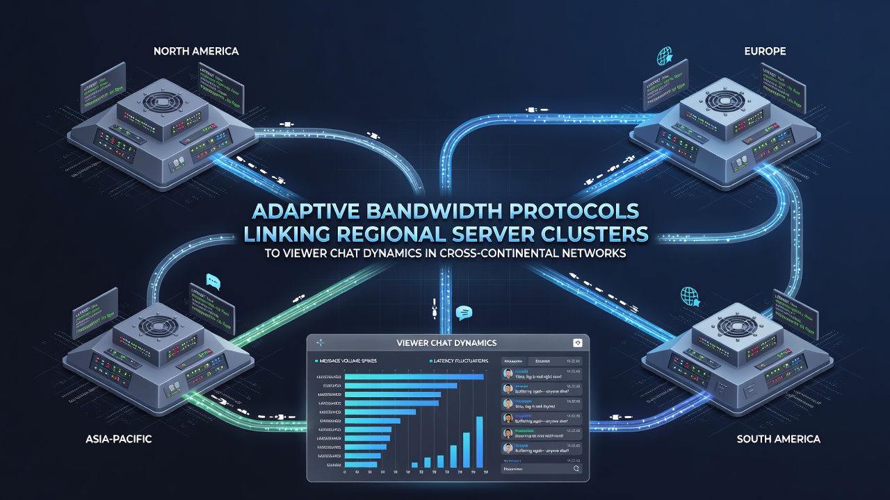 Live dashboard showing chat volume metrics synced with bandwidth adjustments across server clusters in a multiplayer esports broadcast