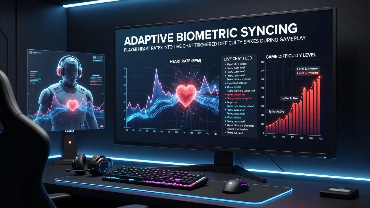 Stream overlay showing synchronized heart rate graphs and chat-triggered difficulty adjustments in a multiplayer game