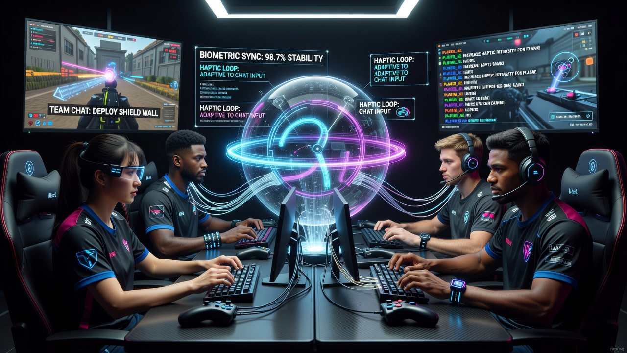 Players wearing biometric sensors during a cooperative esports match with haptic vests and chat overlays visible on screen