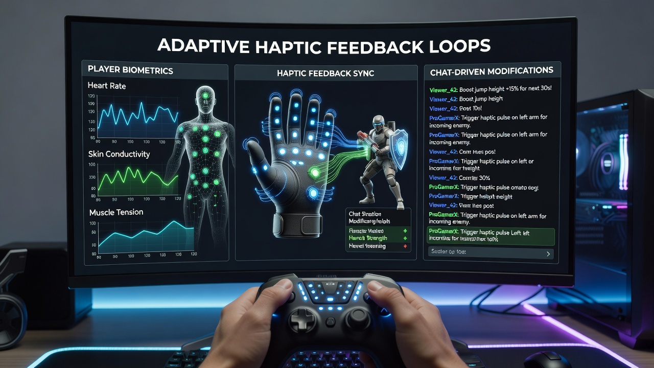 Close-up of haptic vest sensors and biometric wristbands connected to a streaming setup with live chat integration