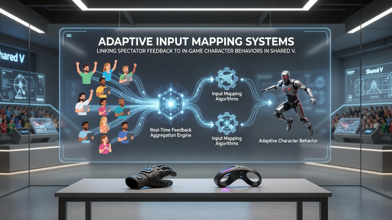 Screenshot of a virtual arena with overlaid spectator input indicators affecting character animations