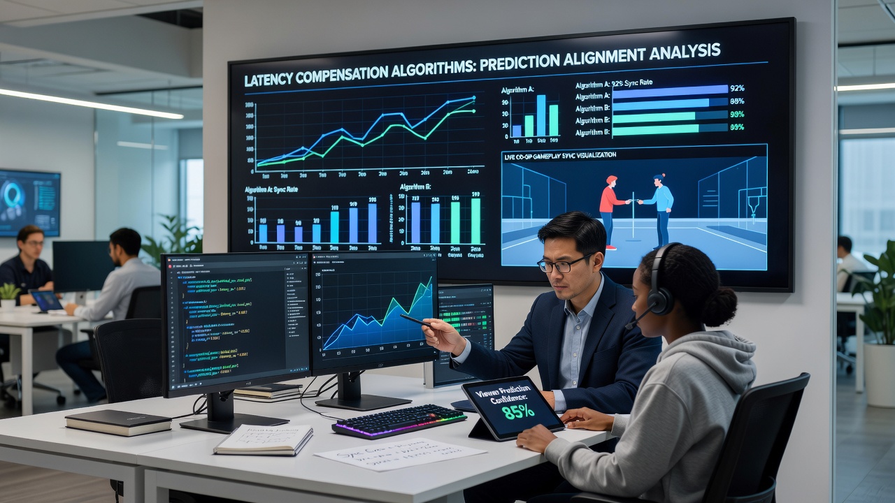 Illustration of viewer prediction models syncing with live server adjustments in distributed cooperative gameplay environments