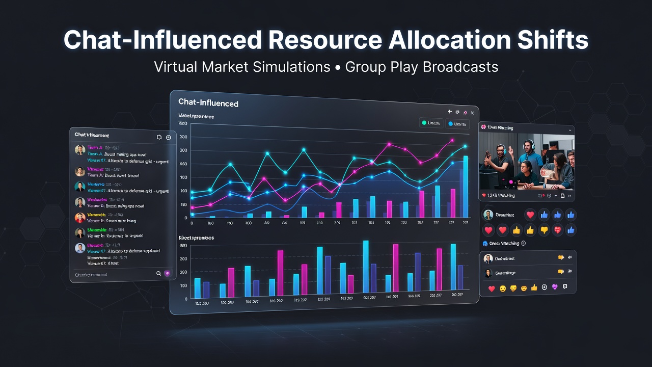 Visualization of chat overlays directing resource trades in a virtual market simulation during a live group broadcast