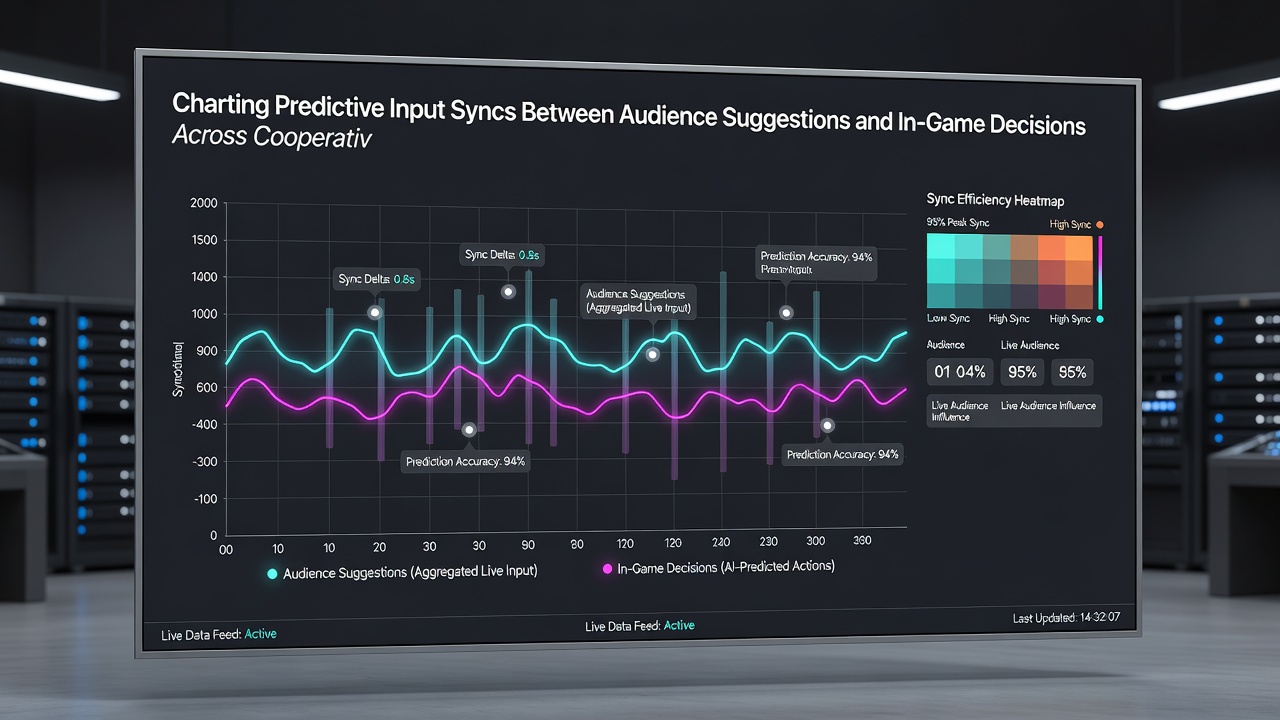 Graphs and overlays displaying real-time correlation between viewer predictions and in-game cooperative actions