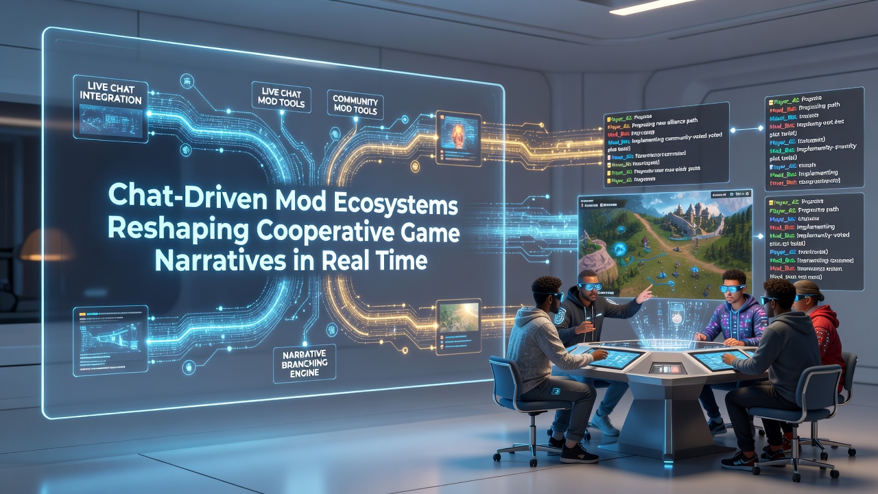 A cooperative multiplayer game session where chat messages influence in-game events and narrative branches displayed on screen