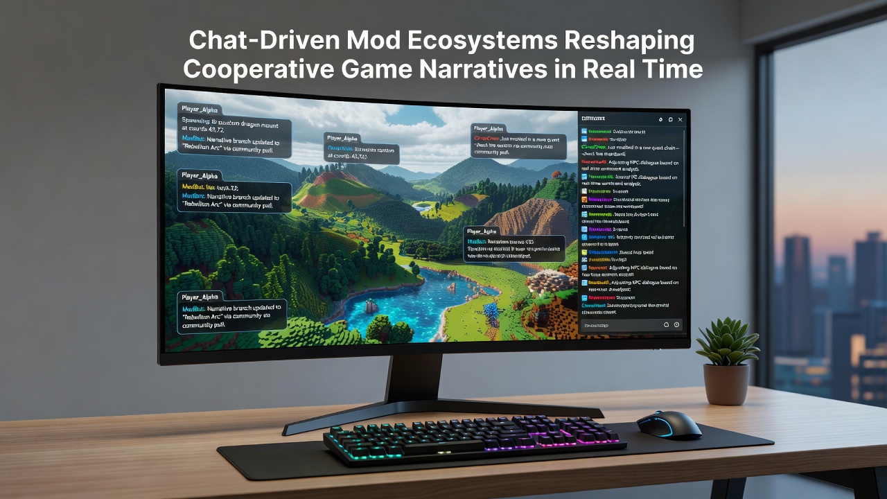 Multiple players collaborating in a game environment with overlaid chat suggestions driving story modifications