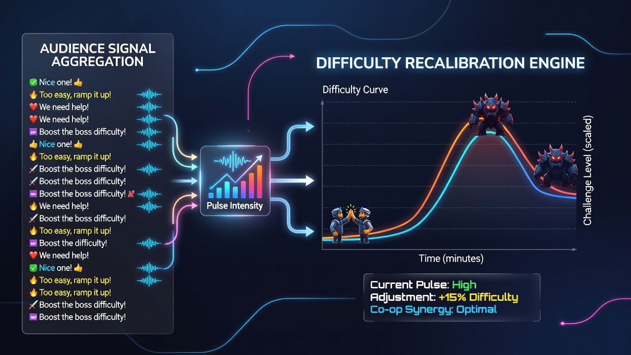 Cooperative team reacting to real-time difficulty adjustments driven by audience chat signals