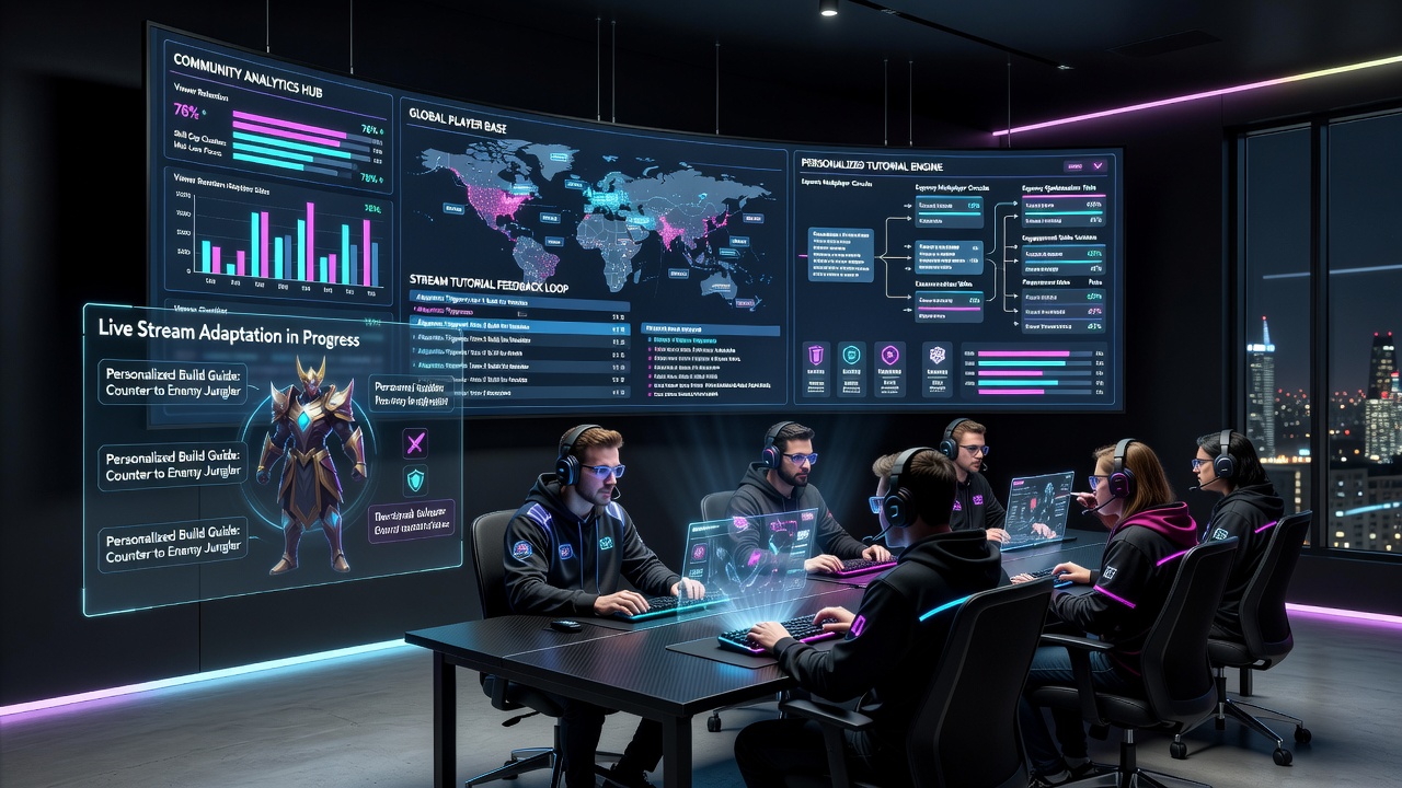 Esports players reviewing community analytics dashboards during a multiplayer circuit event