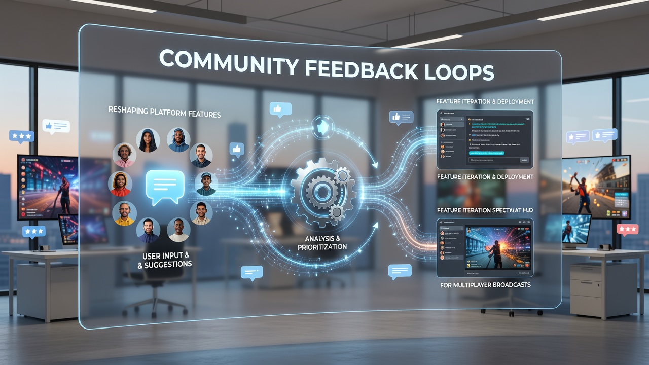 Multiplayer broadcast dashboard displaying real-time community input metrics and feature adjustment panels