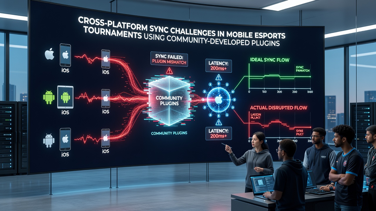 Developers reviewing plugin code and sync logs during a mobile esports event