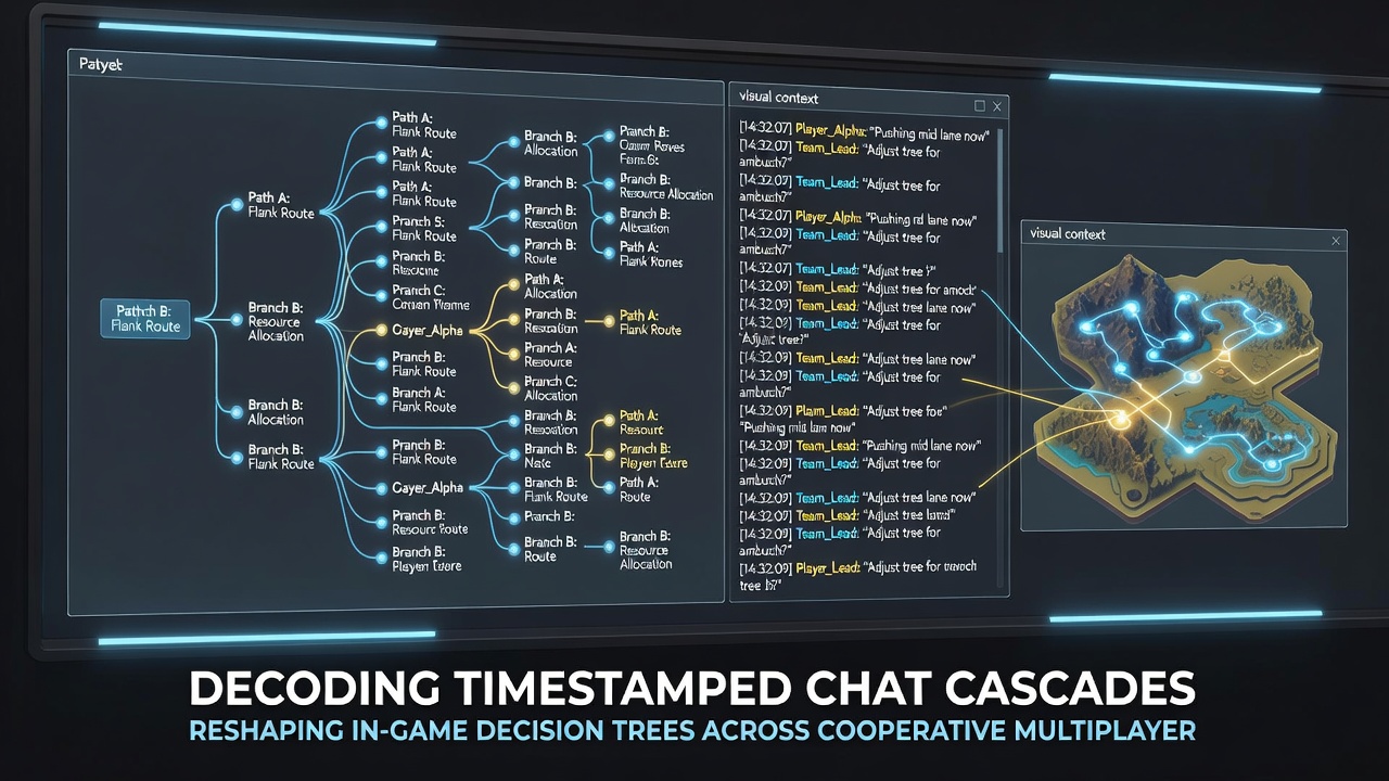 Diagram showing chat message timestamps linked to evolving in-game decision pathways during team play