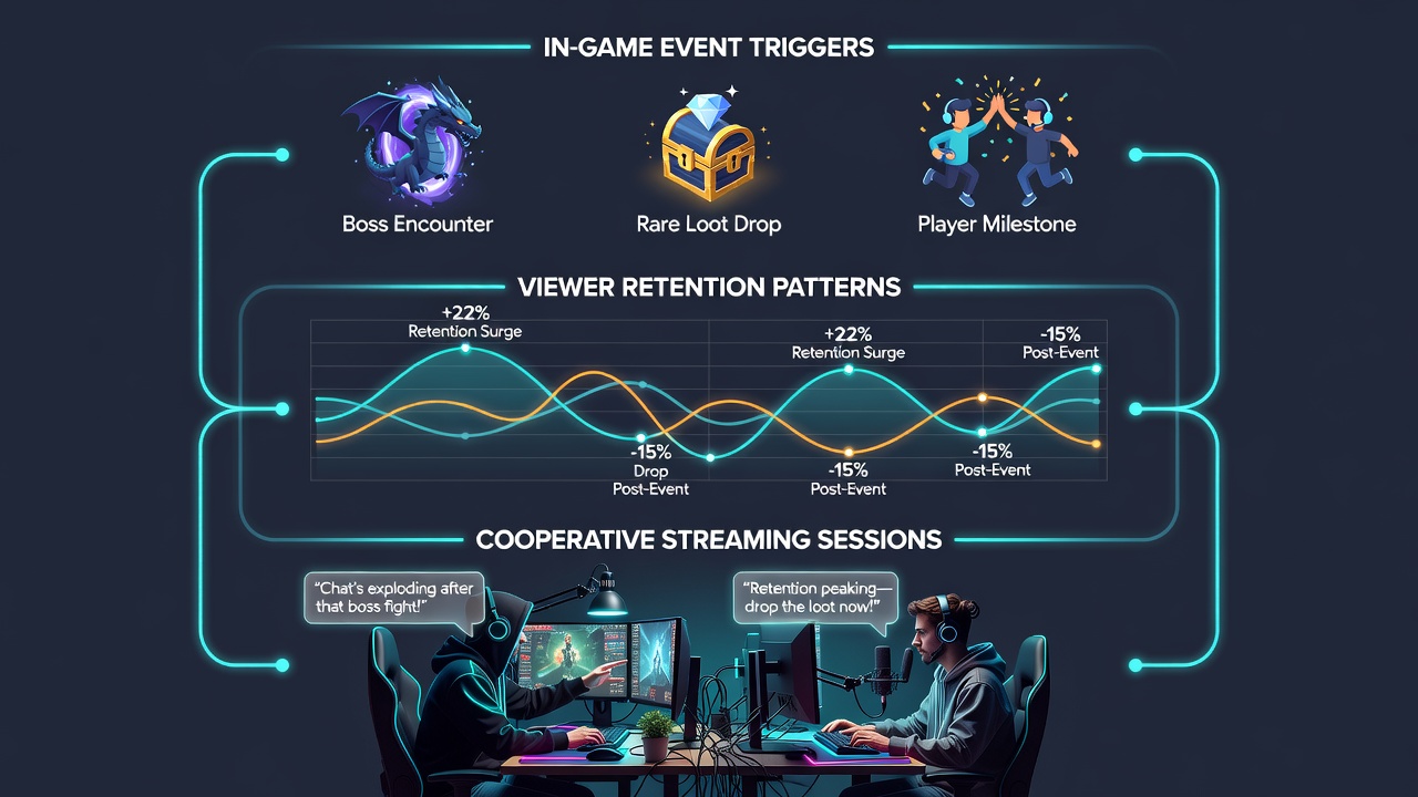 Cooperative gaming stream interface showing real-time event triggers overlaid with viewer retention graphs