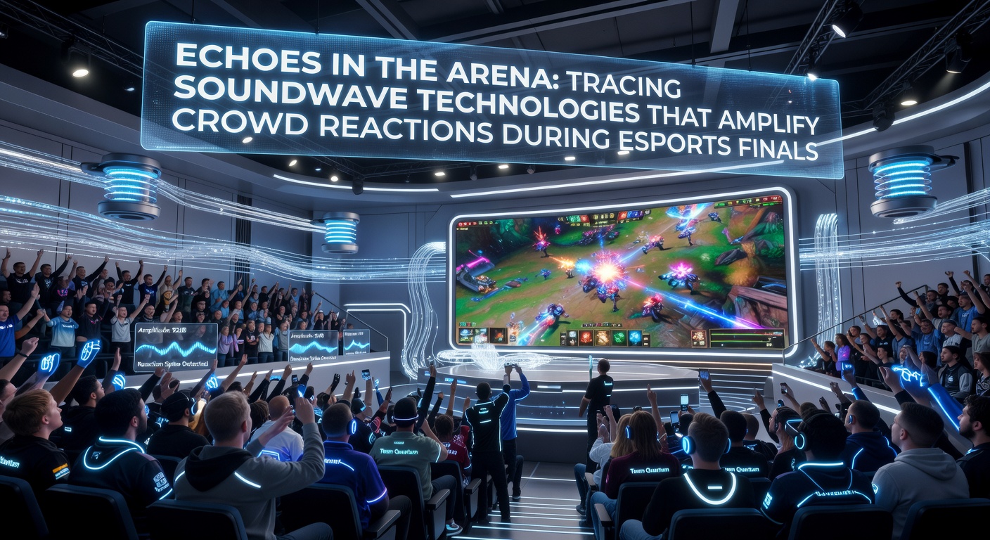 Sound engineers monitoring real-time crowd audio feeds and spatial processing during an esports championship final