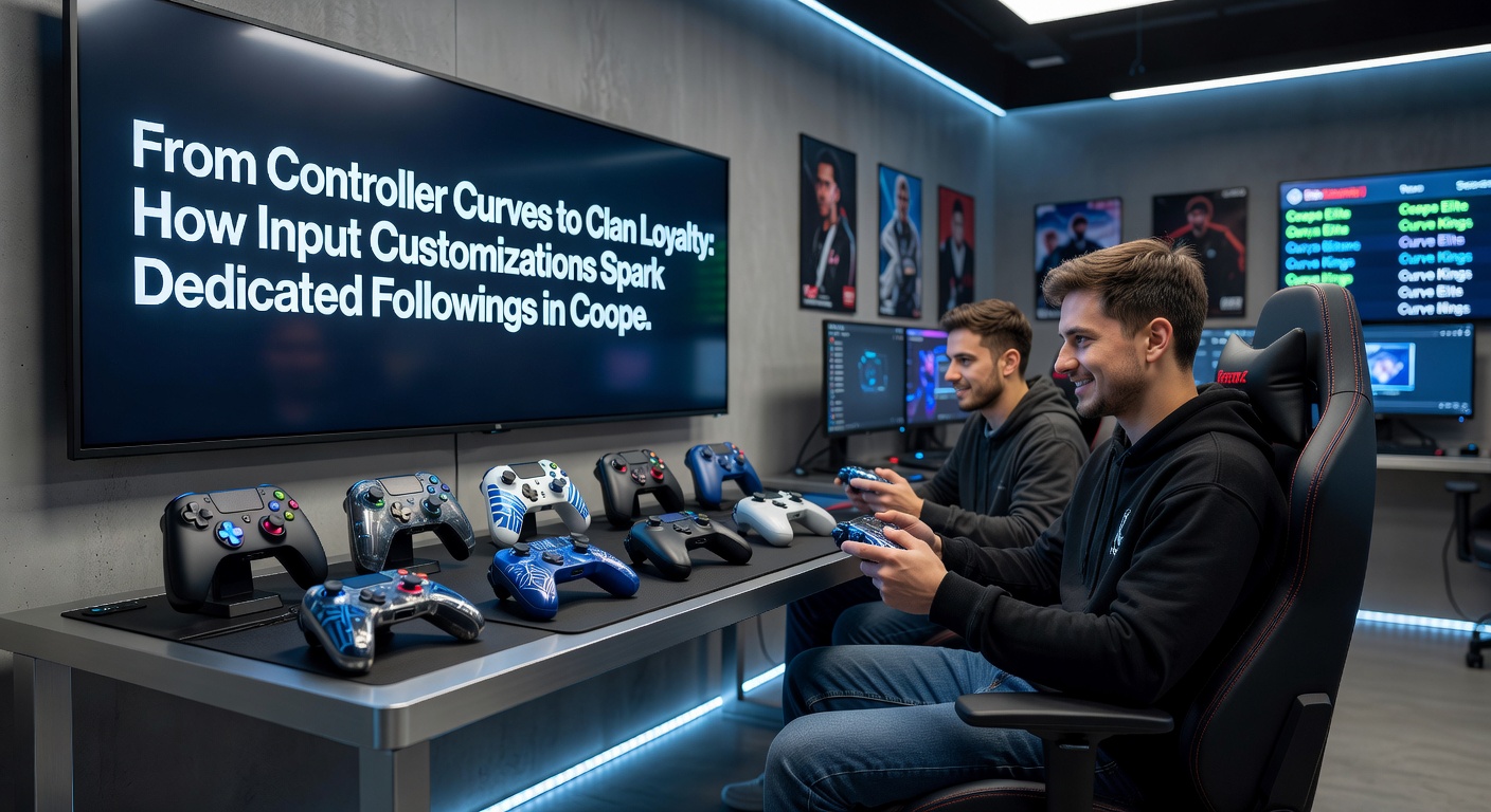 Group of cooperative gamers comparing custom input settings on multiple controllers during a live broadcast event