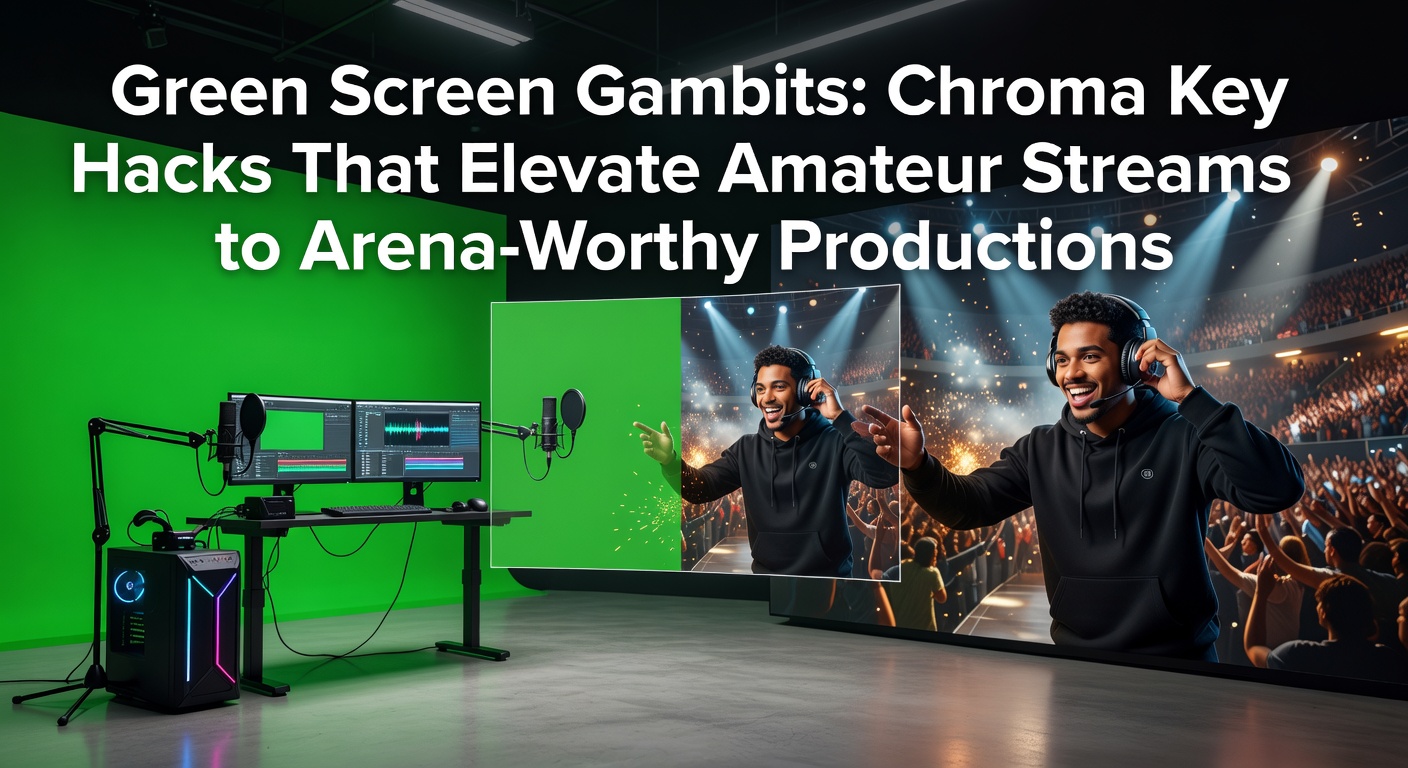 Amateur streamer in front of a portable green screen setup, demonstrating basic chroma key effect with clean background replacement during a live gaming broadcast