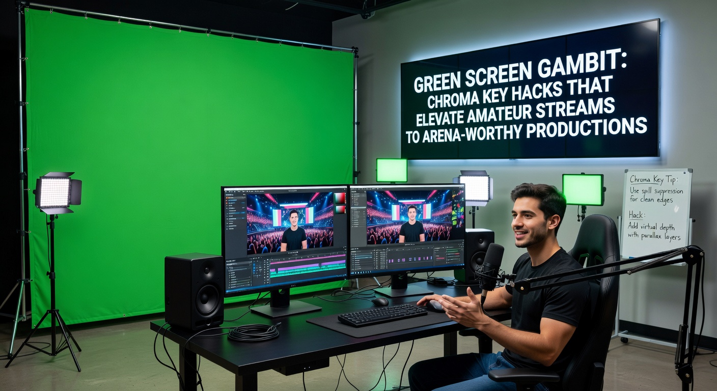 Close-up of a professional three-point lighting setup illuminating a green screen evenly, eliminating shadows and color spill for flawless chroma key compositing