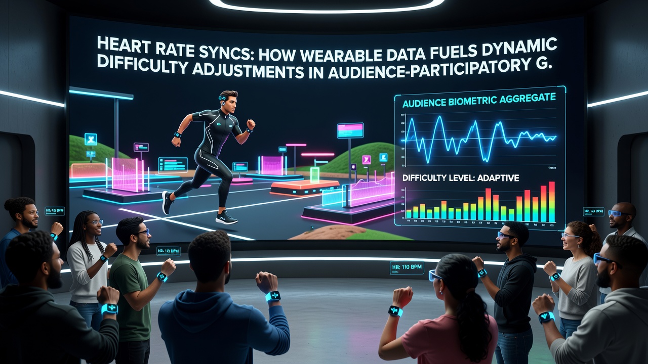 Live dashboard showing aggregated heart rate data influencing game difficulty sliders during a broadcast