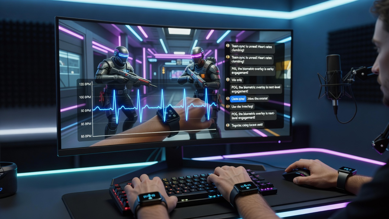 Chat overlay interface showing synchronized heart rate metrics alongside viewer comments in a live cooperative stream