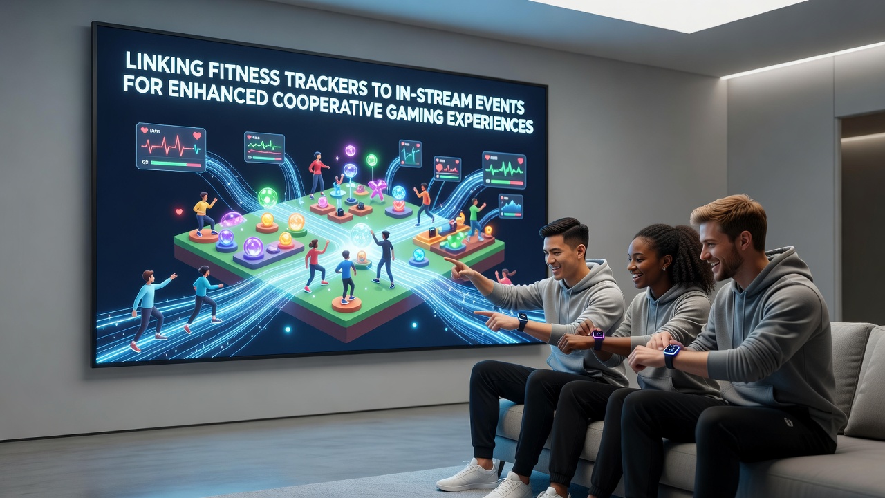 Fitness tracker syncing heart rate data to live cooperative gaming stream overlay