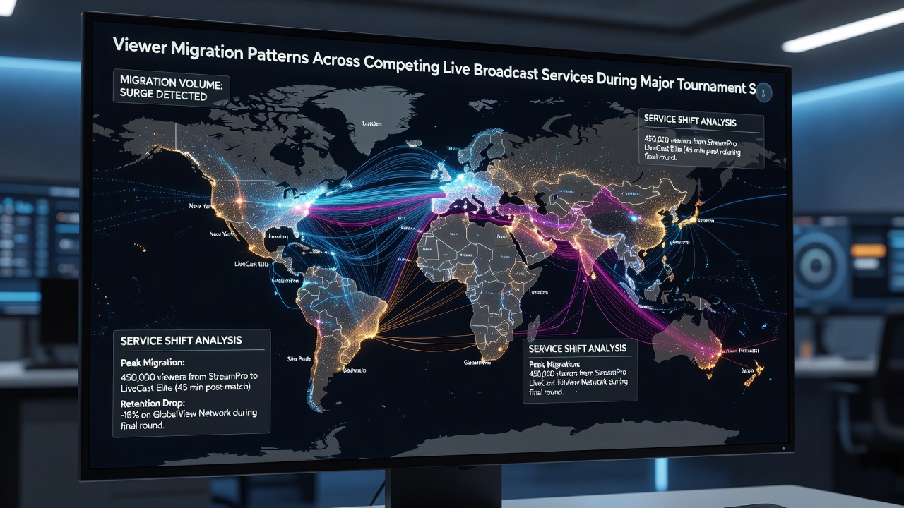 Heatmap visualization of viewer migration flows during peak tournament hours across global streaming services