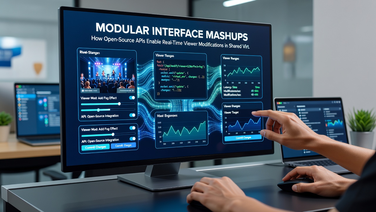 Close-up view of API console and modular code snippets enabling live viewer adjustments inside a shared virtual space