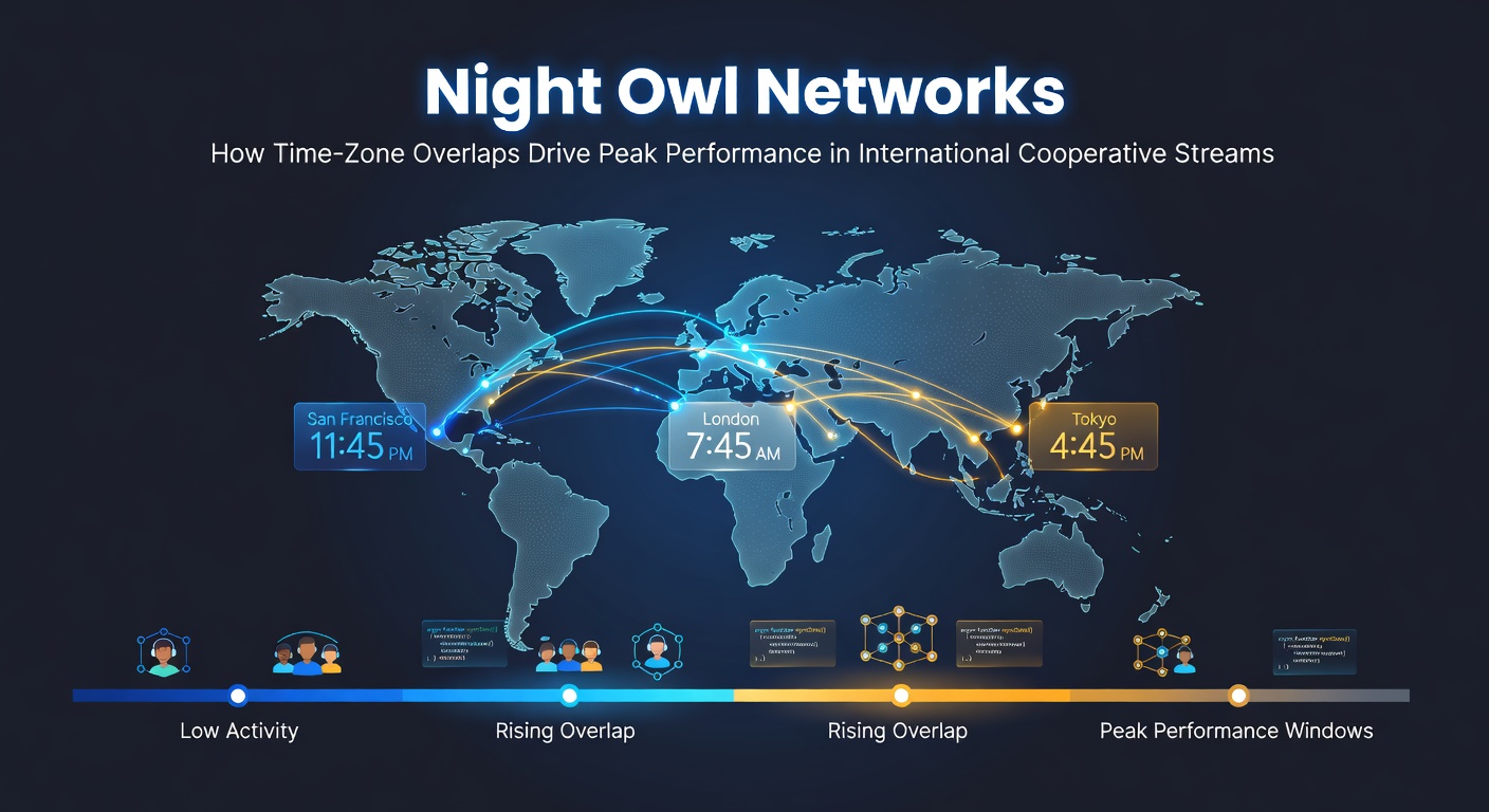 Night owl streamers coordinating across multiple time zones during a late-night cooperative gaming session