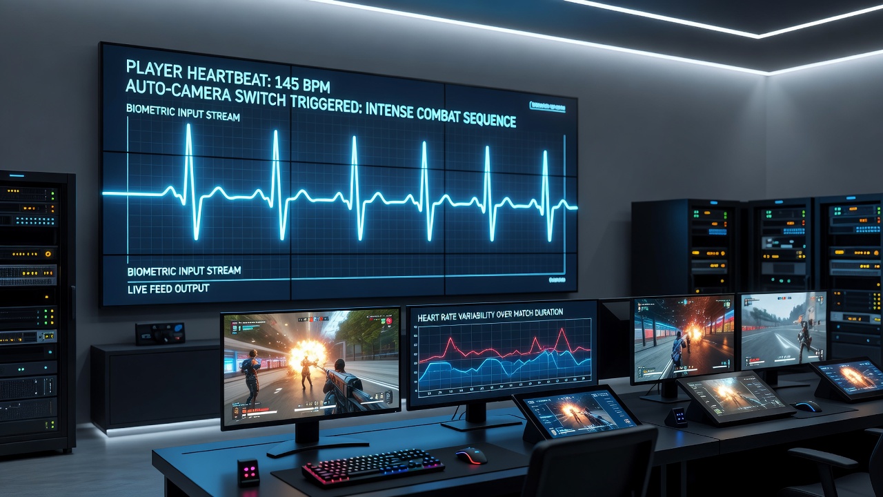 Close-up view of wearable heart rate sensor on a professional gamer's wrist connected to broadcast control systems