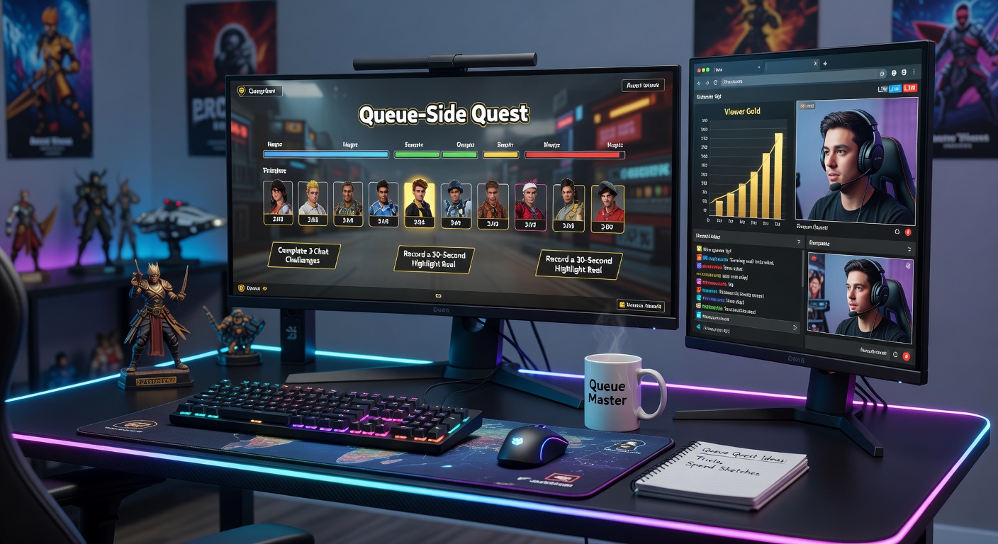 Streamers running interactive mini-challenges with chat during long matchmaking queues in a popular battle royale game, keeping viewers hooked while teams assemble
