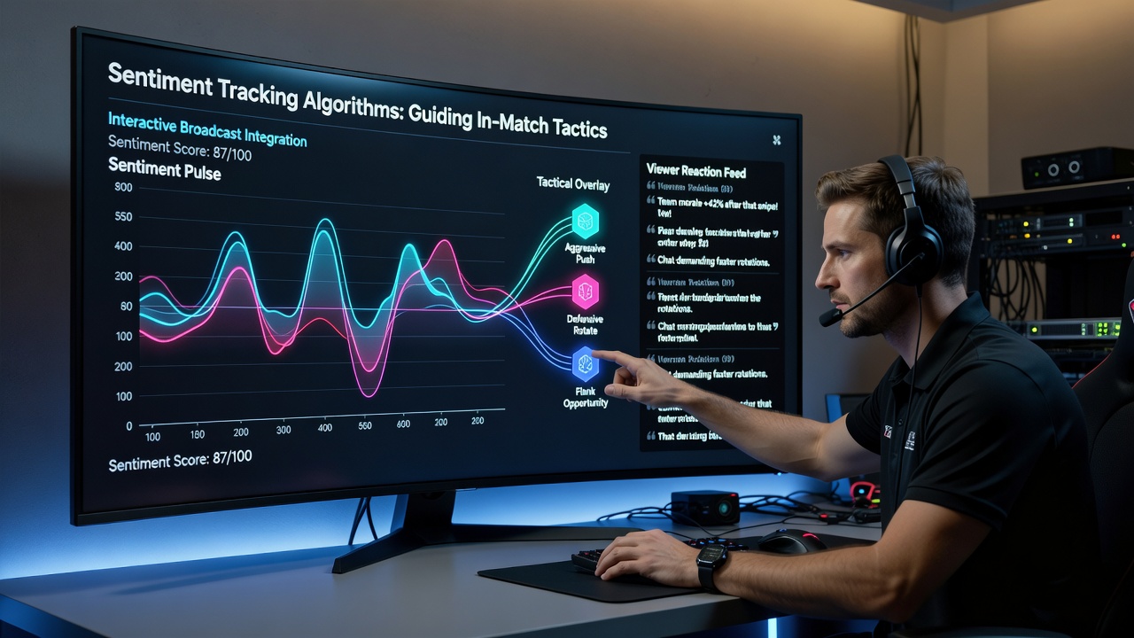 Streamer reviewing real-time sentiment data overlays to adjust tactics during an interactive online match