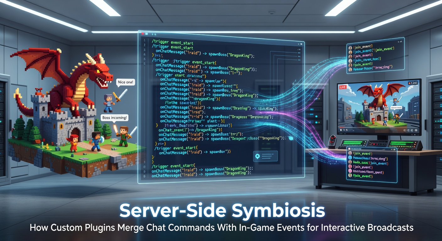 Server architecture diagram showing chat commands flowing into game event triggers during a live broadcast