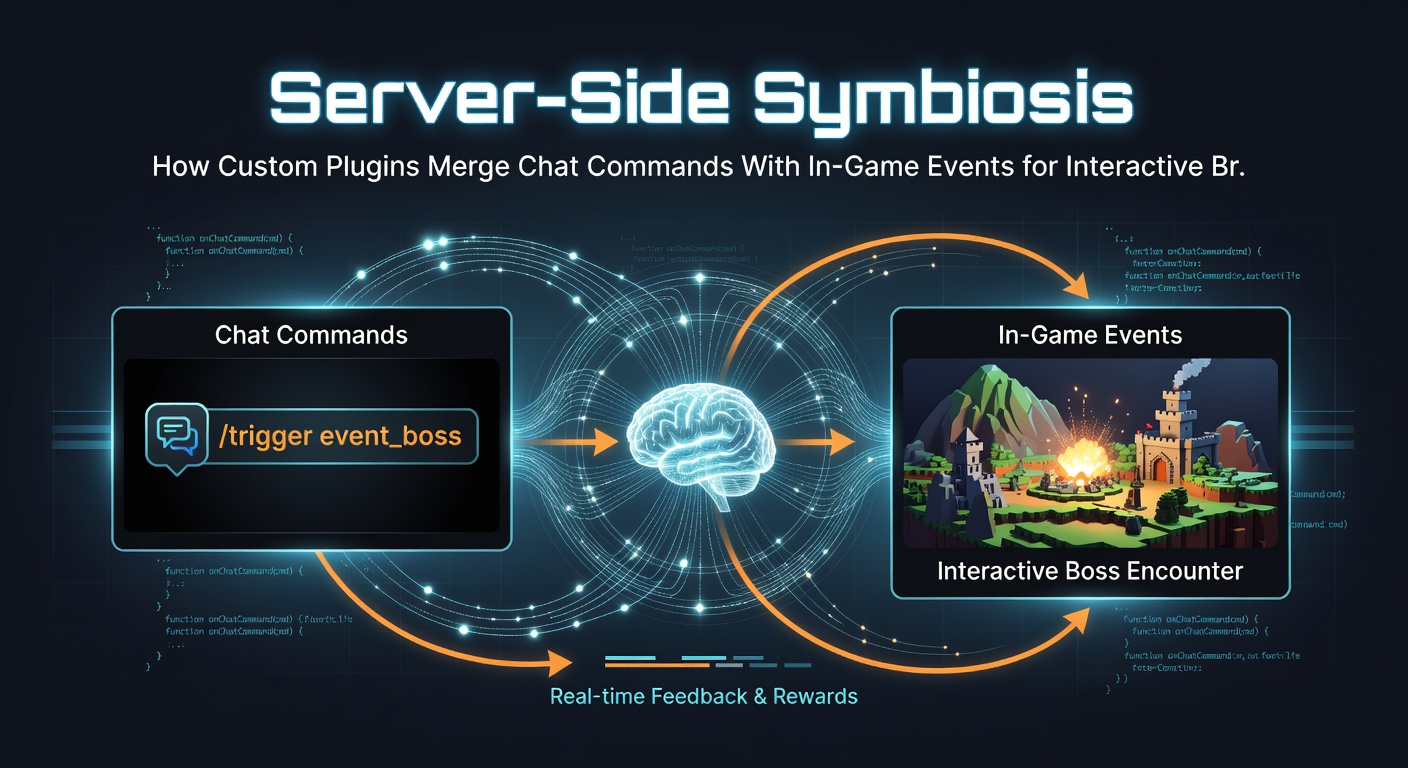 Live broadcast interface displaying real-time chat commands triggering in-game events on a server dashboard