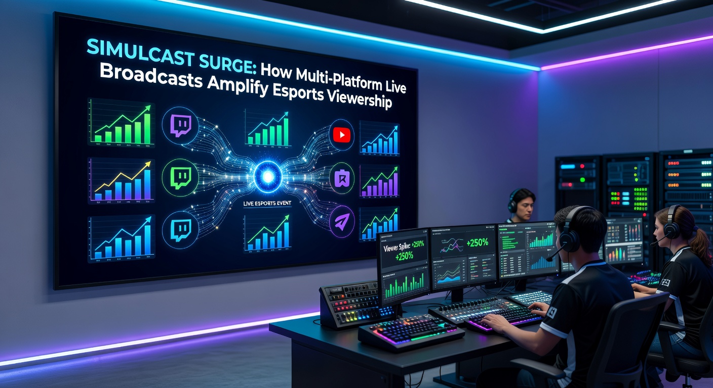 A dynamic split-screen view showing an esports tournament broadcast simultaneously on Twitch, YouTube, and Facebook Gaming platforms, with viewer counts rising across each feed