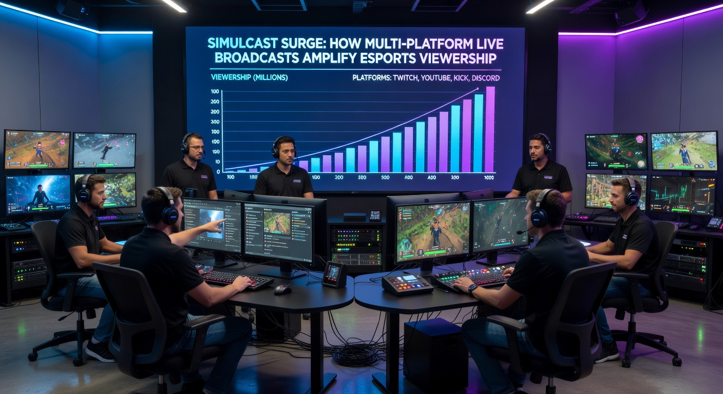 Graphs and charts displaying esports viewership spikes from simulcast events, with lines for Twitch, YouTube, and combined totals climbing dramatically during major tournaments