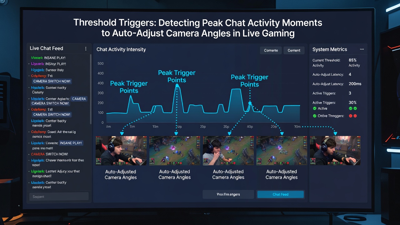 Close-up of automated camera system responding to chat thresholds in an esports arena environment
