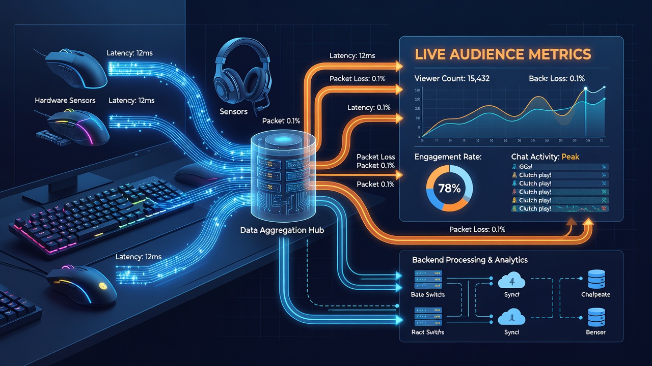 Flowchart illustrating sensor data aggregation into live audience engagement metrics for competitive online gaming broadcasts