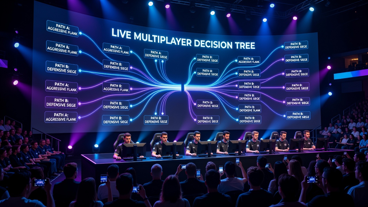 Close-up of live decision tree interface showing viewer poll results overlaid on an esports match