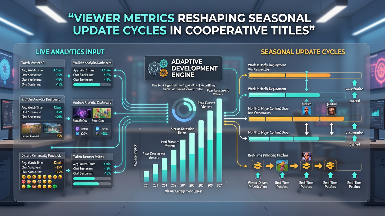 Team reviewing seasonal update metrics from cooperative game streams on multiple monitors