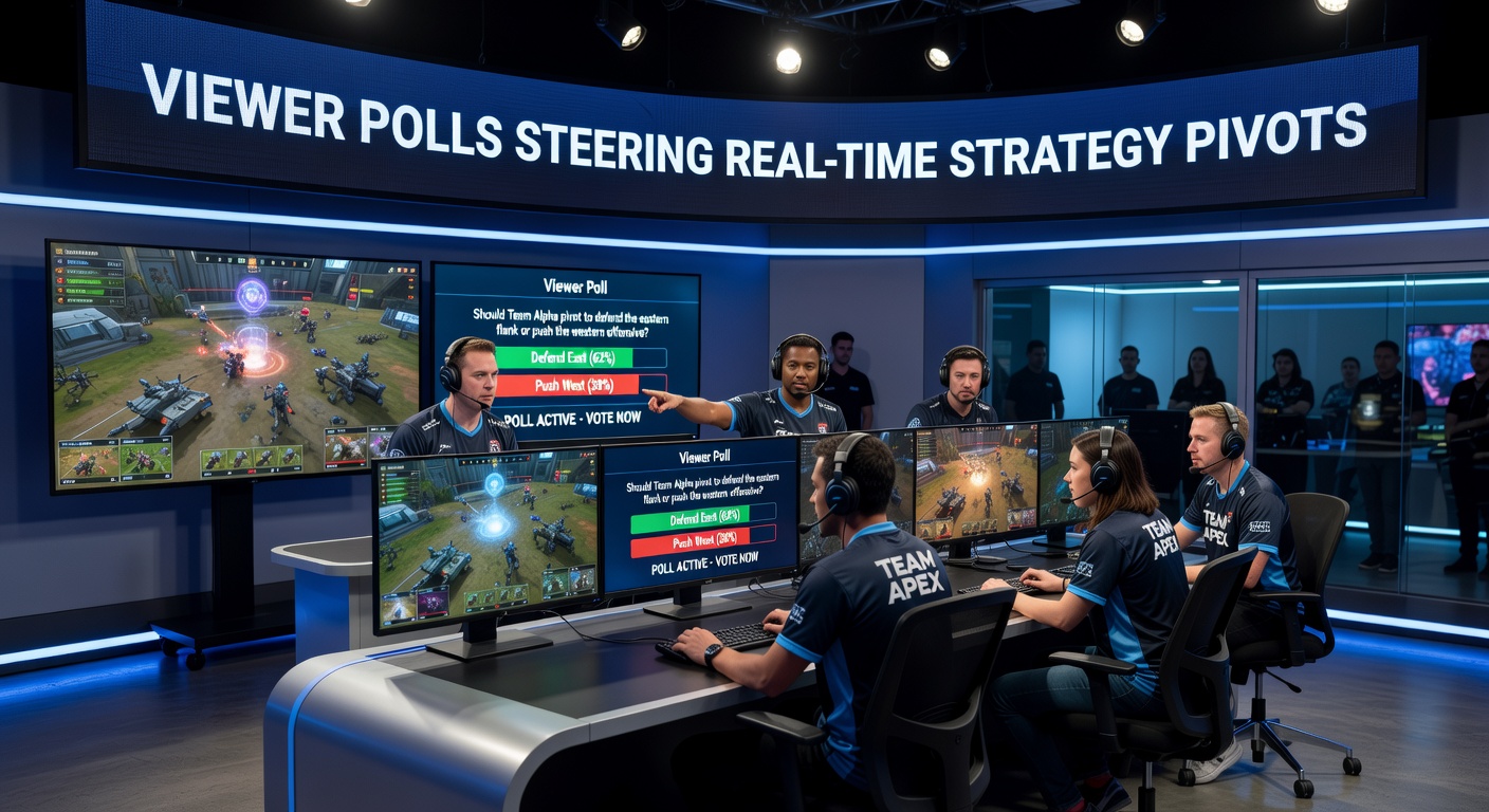 Live broadcast interface showing real-time viewer poll results overlaid on a team-based strategy game match