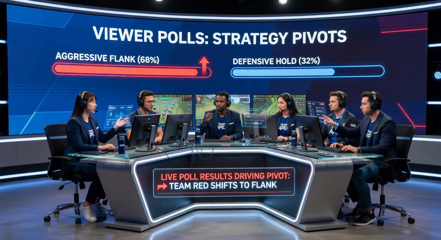 Team coaches reviewing poll data on tablets during an esports broadcast event