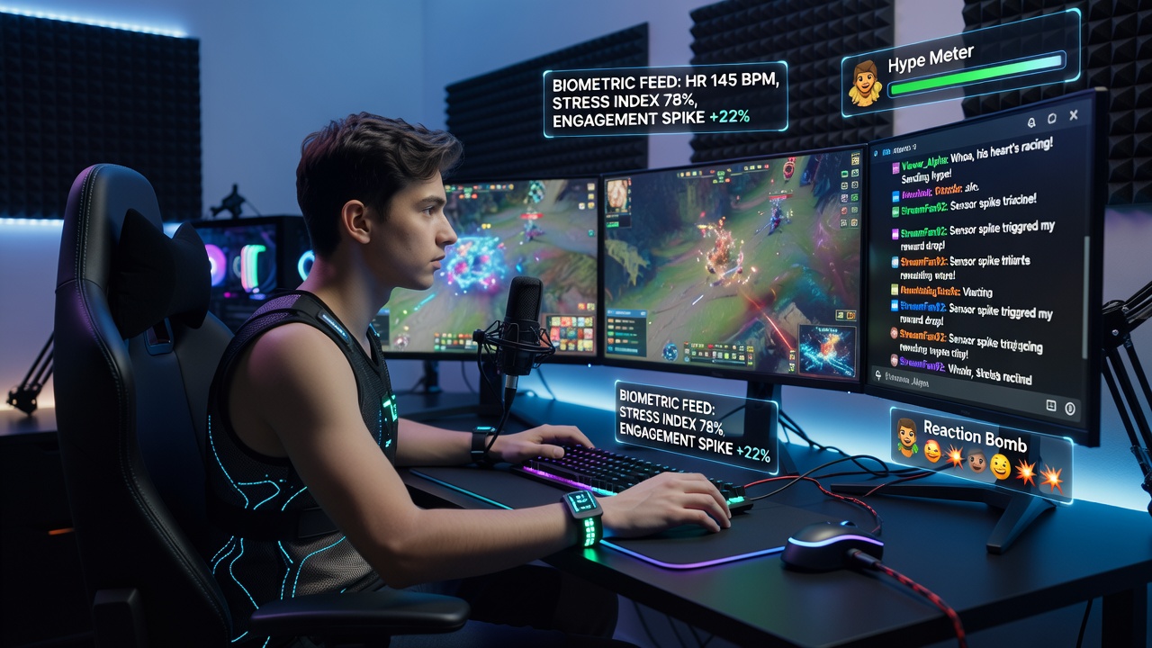 Live esports stream interface showing real-time audience interaction driven by wearable sensor metrics