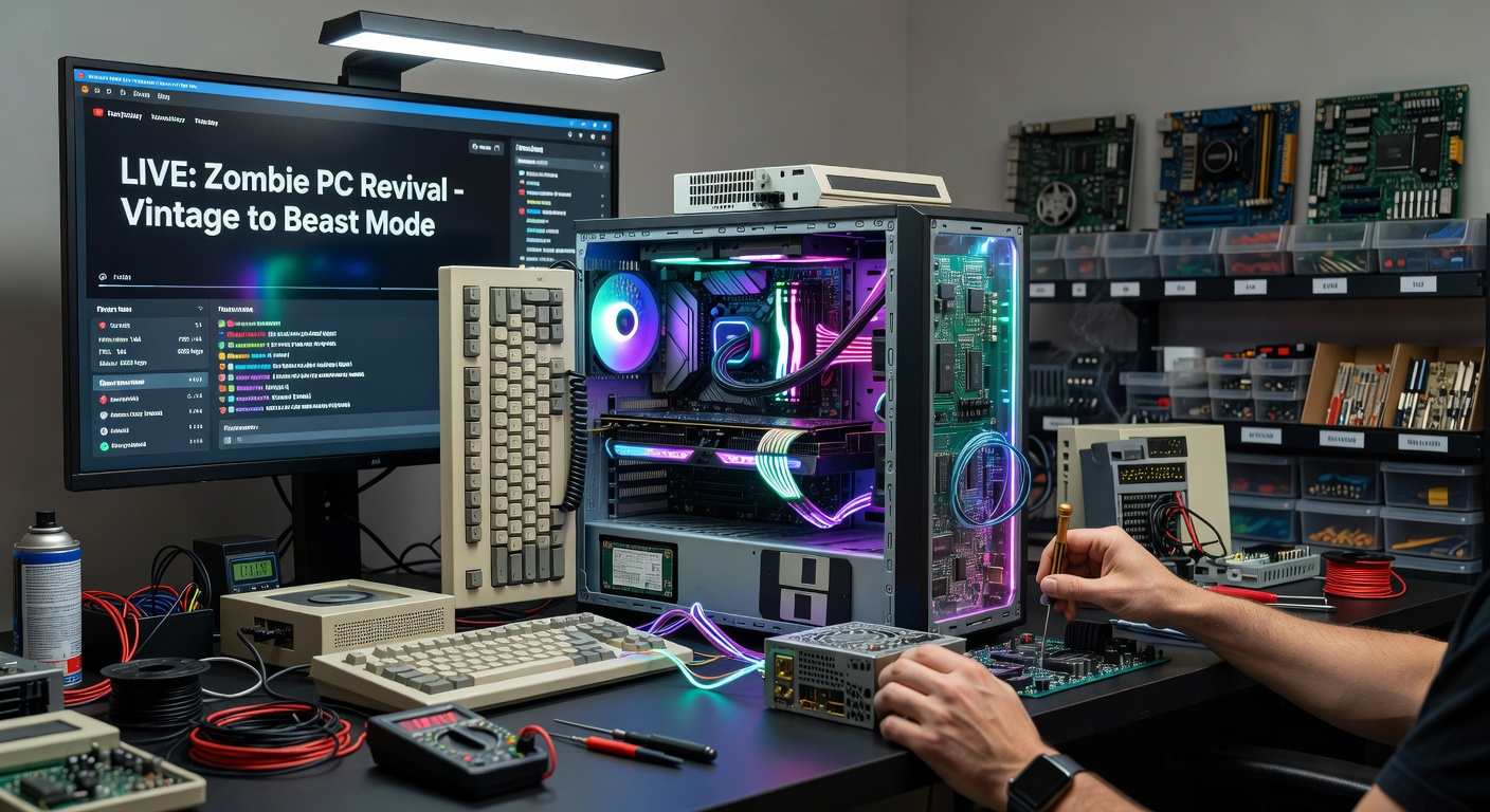 A revived zombie PC setup with vintage tower humming alongside modern monitors, cables snaking to a streaming encoder