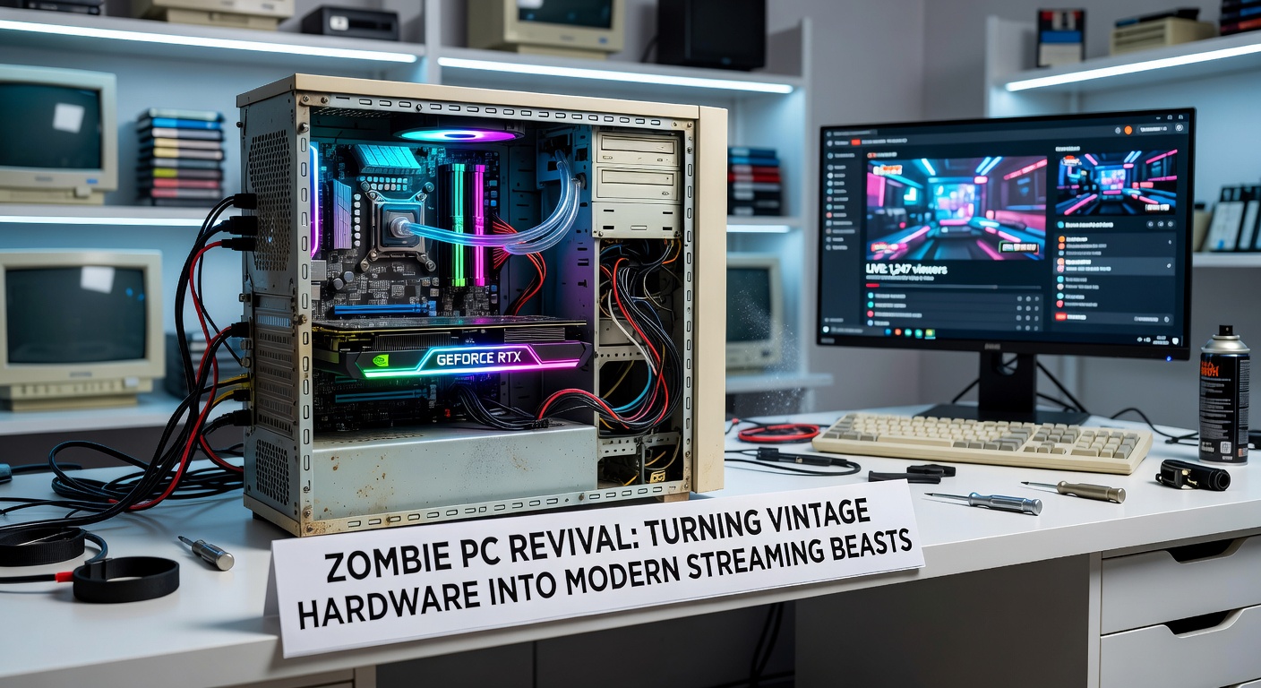 Side-by-side comparison of a dusty vintage PC tower before revival and the same unit gleaming with new GPU, RAM sticks, and RGB fans post-upgrade