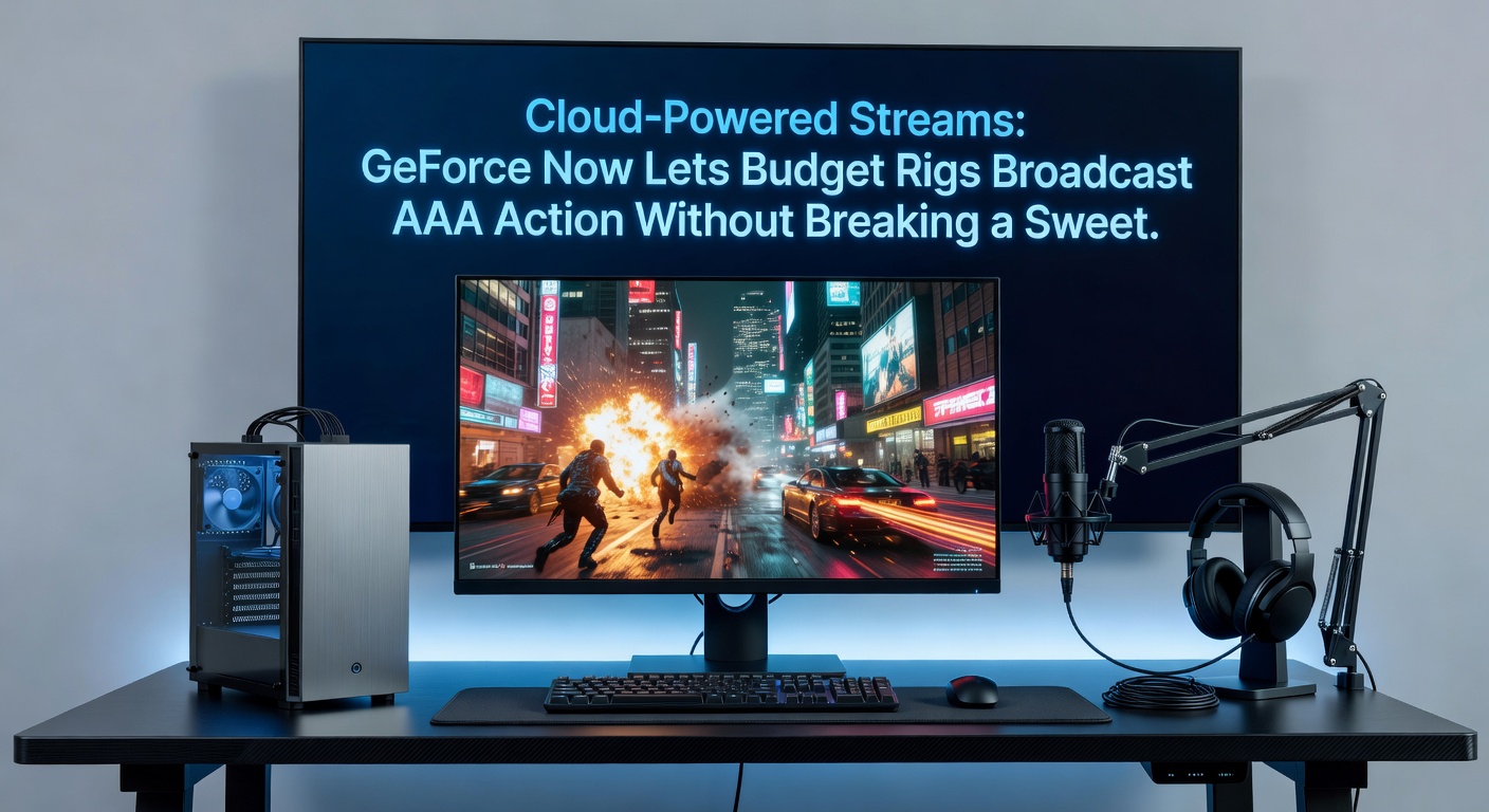 Benchmark charts comparing local vs. GeForce Now streaming performance on a budget PC