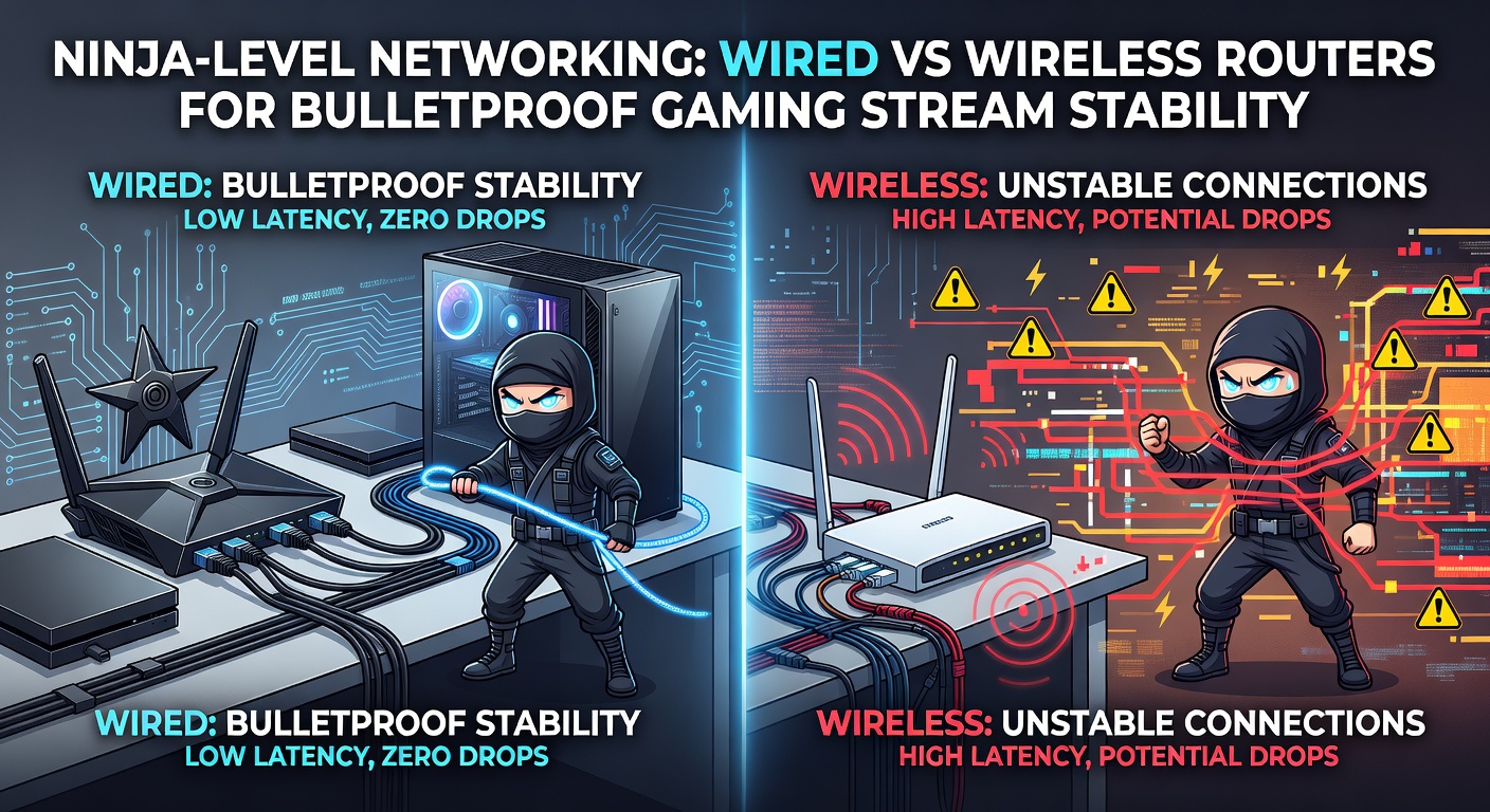 Side-by-side comparison of wired Ethernet cables plugged into a router versus a wireless router beaming signals to laptops and consoles in a gaming room
